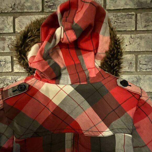 Roxy Red & Gray Plaid Bomber Jacket with Faux Fur Hood – Size S - Picture 8 of 10